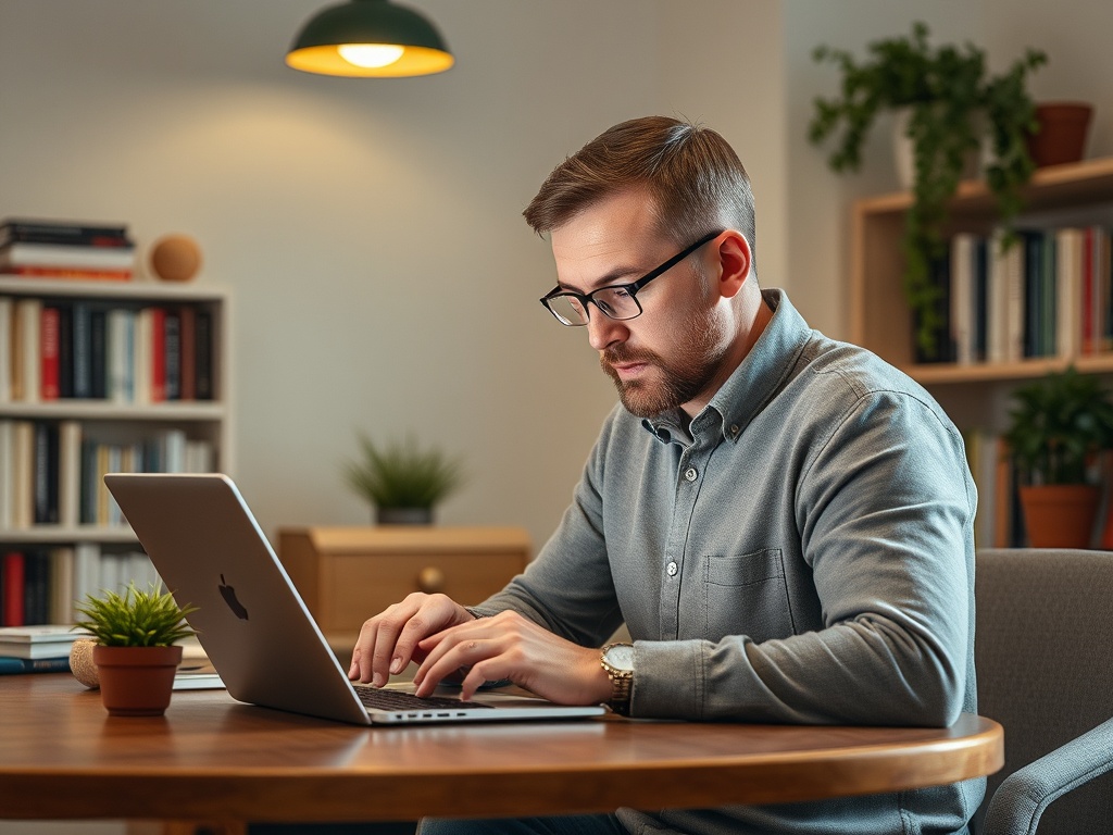 Молодой человек работает за ноутбуком в уютном офисе с растениями и книгами на заднем плане.