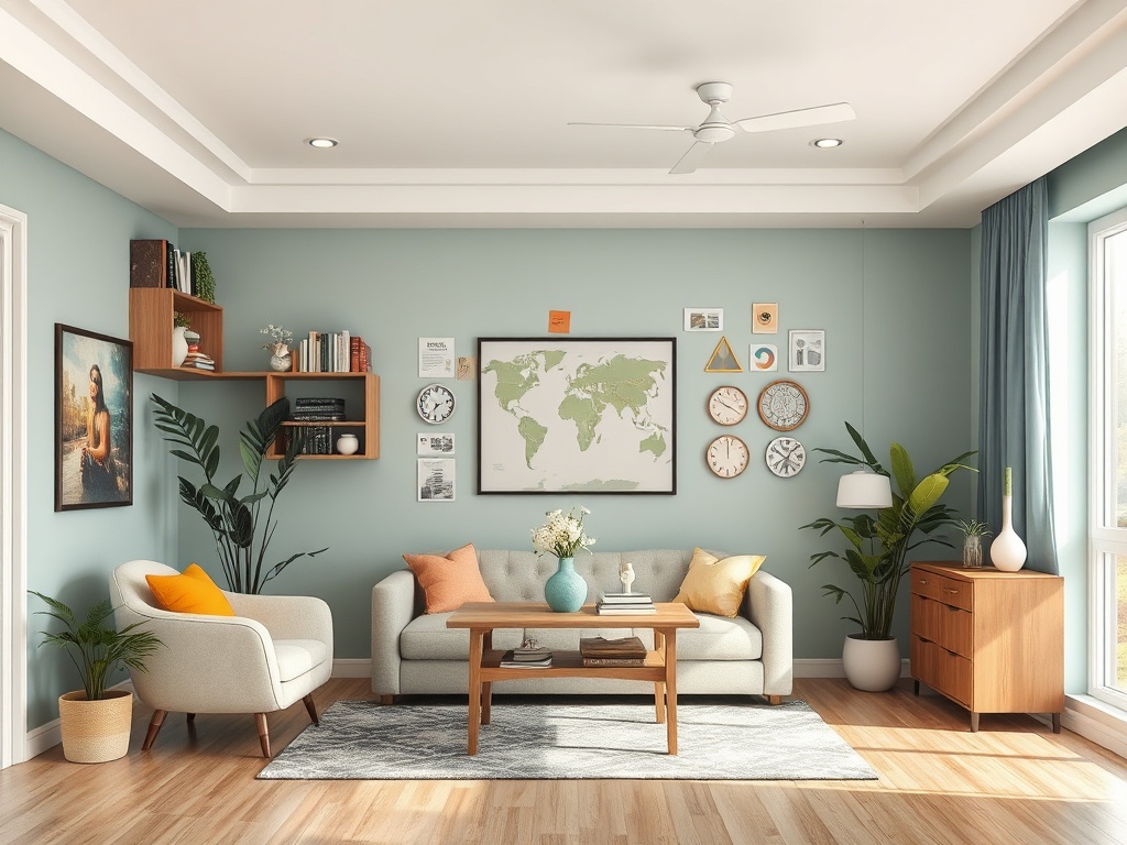 Современная гостиная с голубыми стенами, мягкой мебелью и растениями. Элементы декора на стенах.