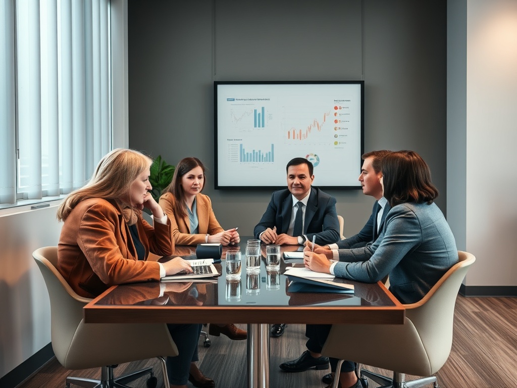 На собрании пять человек обсуждают графики и стратегию, сидя за столом в современном офисе.