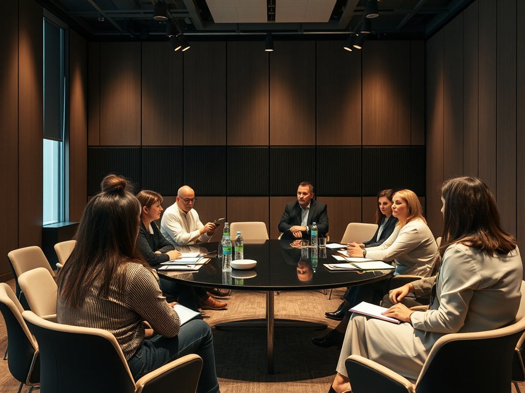 Группа людей ведет обсуждение за круглым столом в современном конференц-зале.