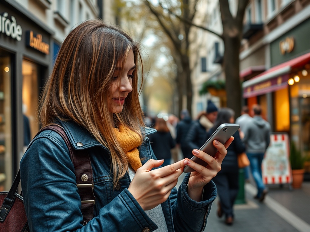 Девушка на улице смотрит в телефон, улыбается, вокруг люди и магазины в осеннем пейзаже.