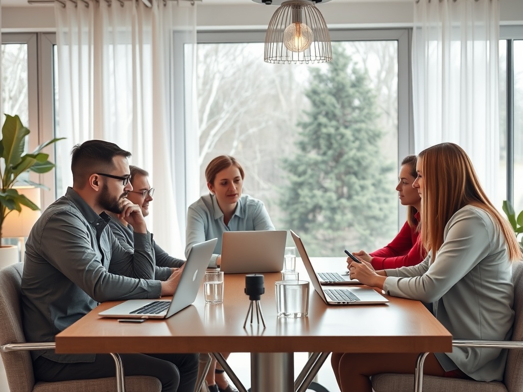 Группа людей на деловой встрече, обсуждающих проекты за столом с ноутбуками и планшетом.