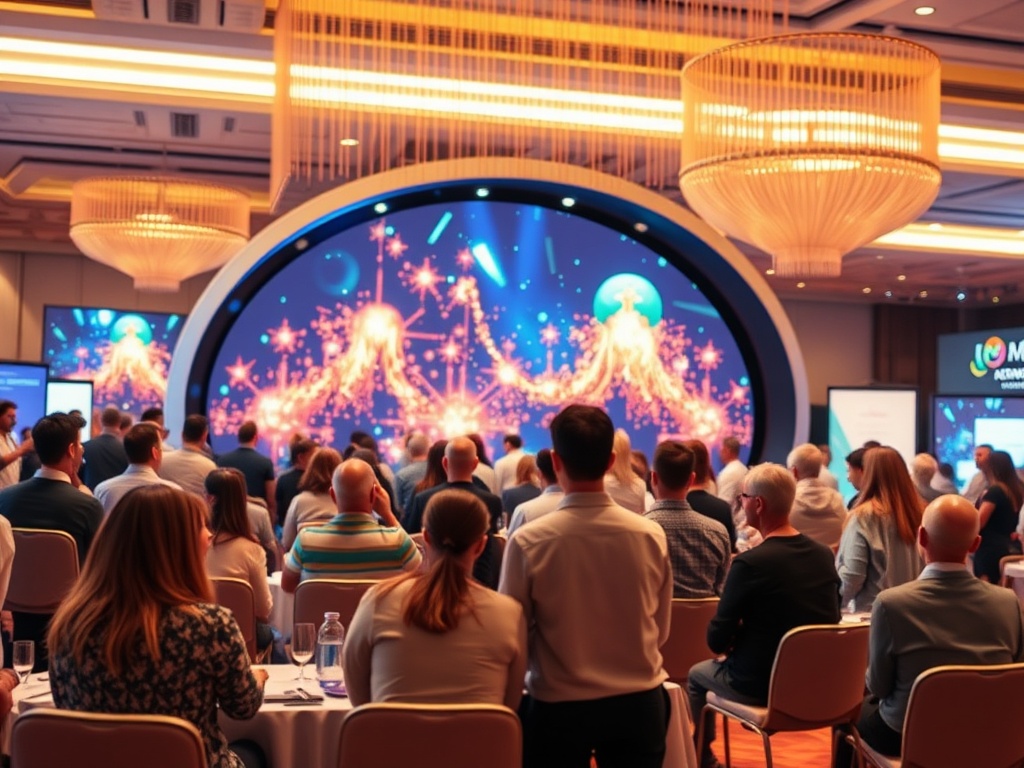 Аудитория на конференции смотрит на большой экран с яркой графикой и световыми эффектами.