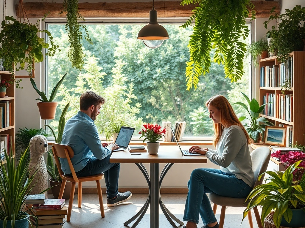 Два человека работают за столом, окружённым растениями и книгами, у окна с зелёным видом.