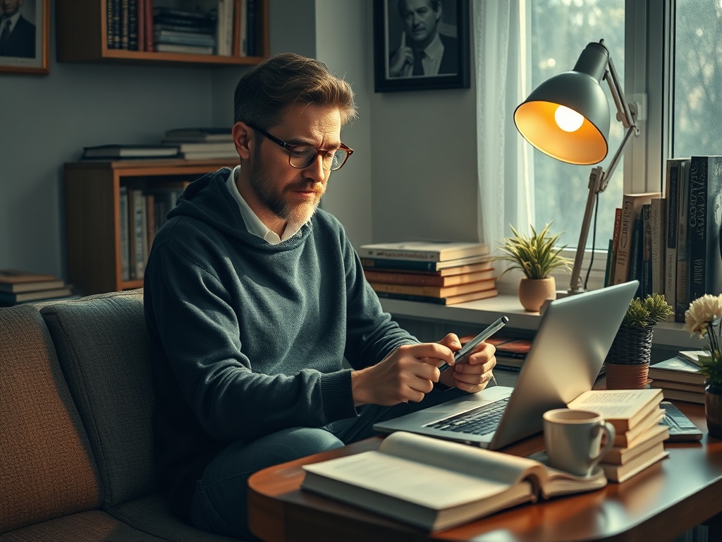 Молодой человек в свитере сидит за столом с ноутбуком, смотрит на телефон и читает книги вокруг.