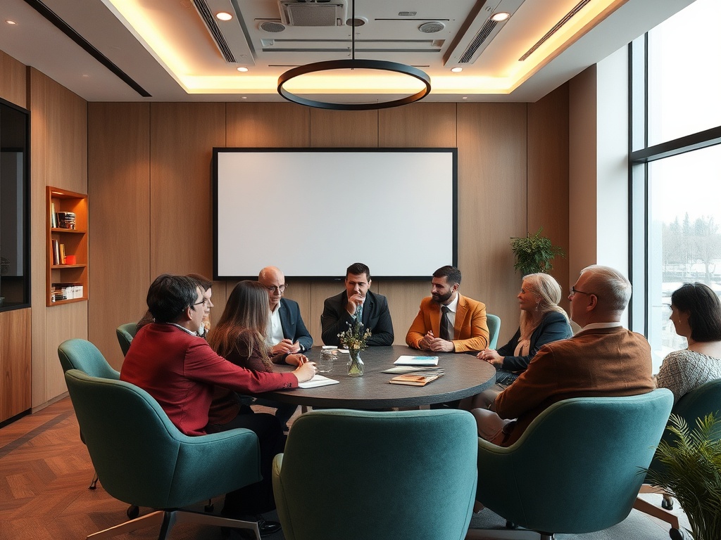 Группа людей обсуждает проекты на встрече в современном конференц-зале с большим столом.