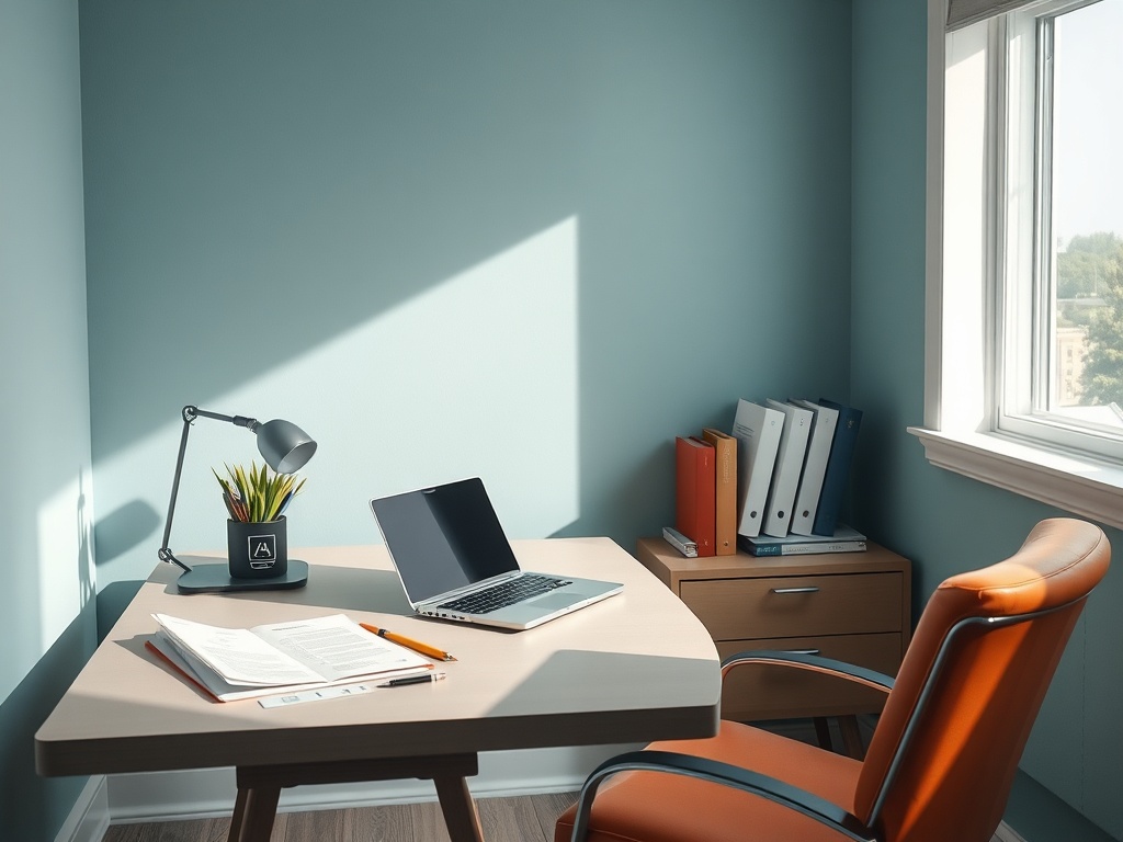 Минимальный рабочий кабинет с письменным столом, ноутбуком, лампой и цветочным горшком у окна.