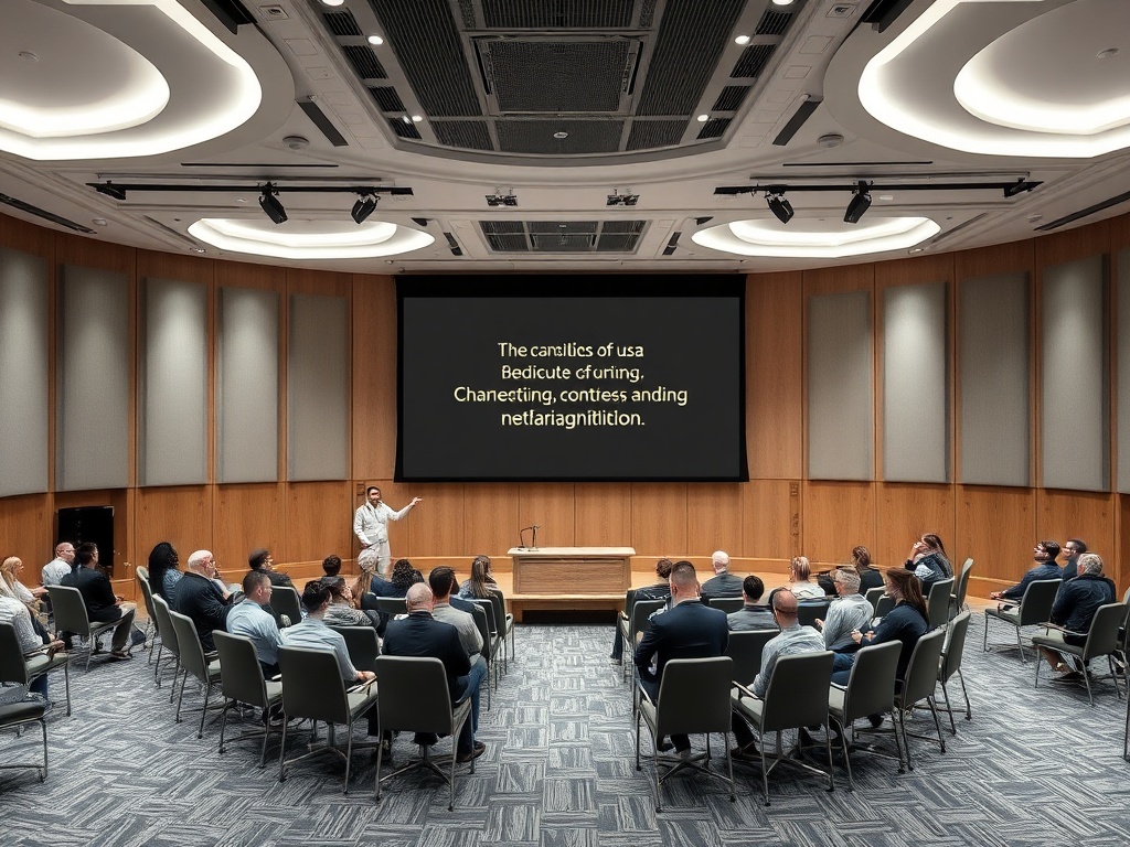 На презентации в зале люди слушают лекцию, на экране текст на английском языке.