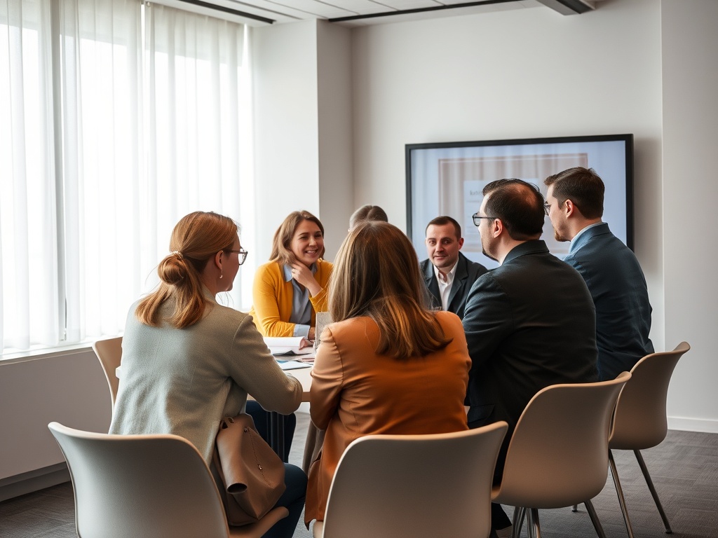 Группа людей сидит за столом на деловой встрече в светлом офисе. Обсуждение идет активно.