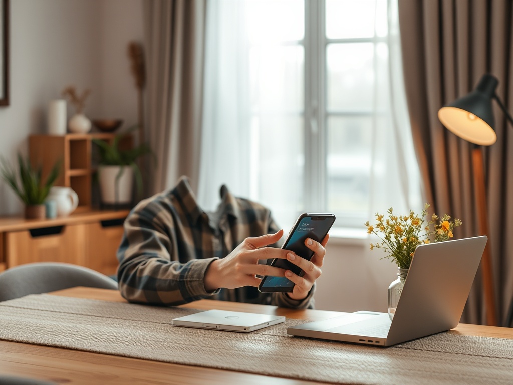 На столе стоят ноутбук и цветы, а рука человека держит телефон, без видимой головы.