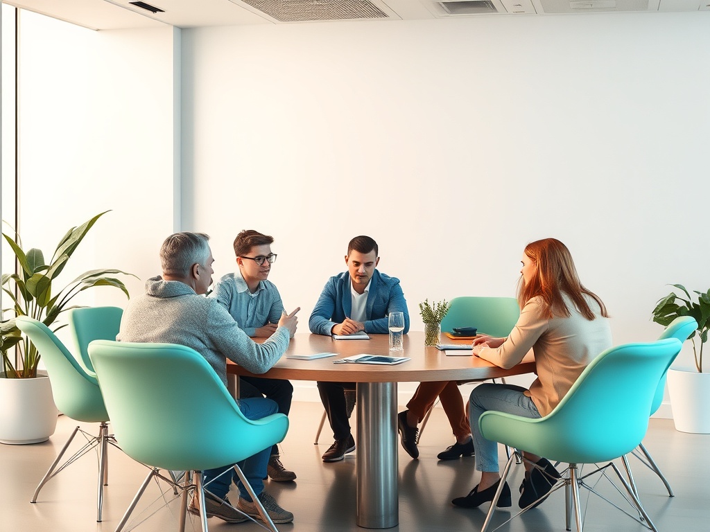 Группа людей обсуждает идеи за круглым столом в современном офисе, окружённом зелеными растениями.