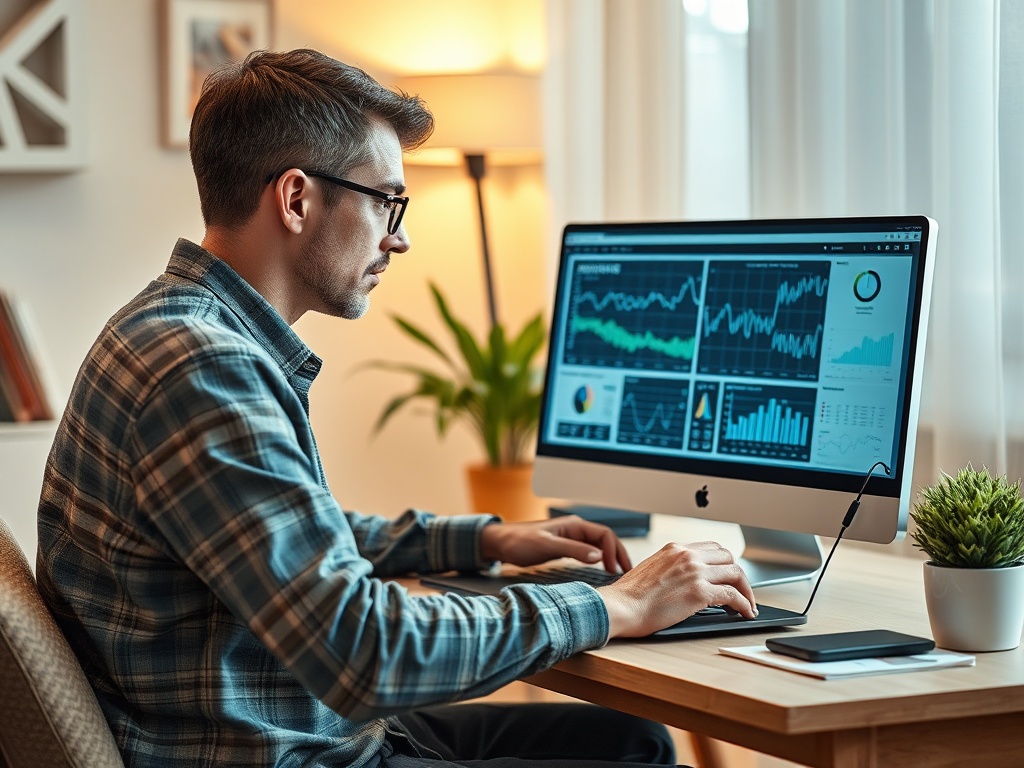 Молодой человек в очках работает за столом с компьютером и графиками на экране. В комнате уютная атмосфера.