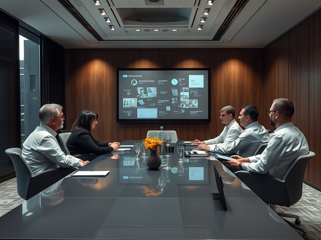 В современном офисе восемь человек ведут обсуждение, на экране проекта презентация.