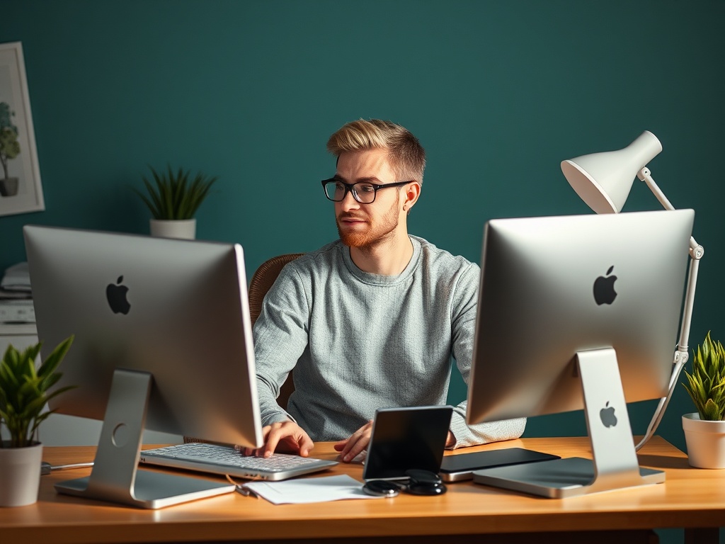 Молодой человек за столом работает на двух компьютерах, окруженный растениями и настольной лампой.