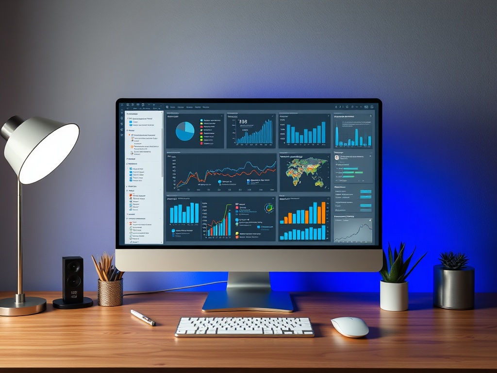 На столе стоит экран с графиками и диаграммами. Рядом лампа, мышь и растения в горшках.