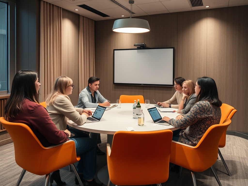 На встрече в конференц-зале шесть человек обсуждают проект за круглым столом. 