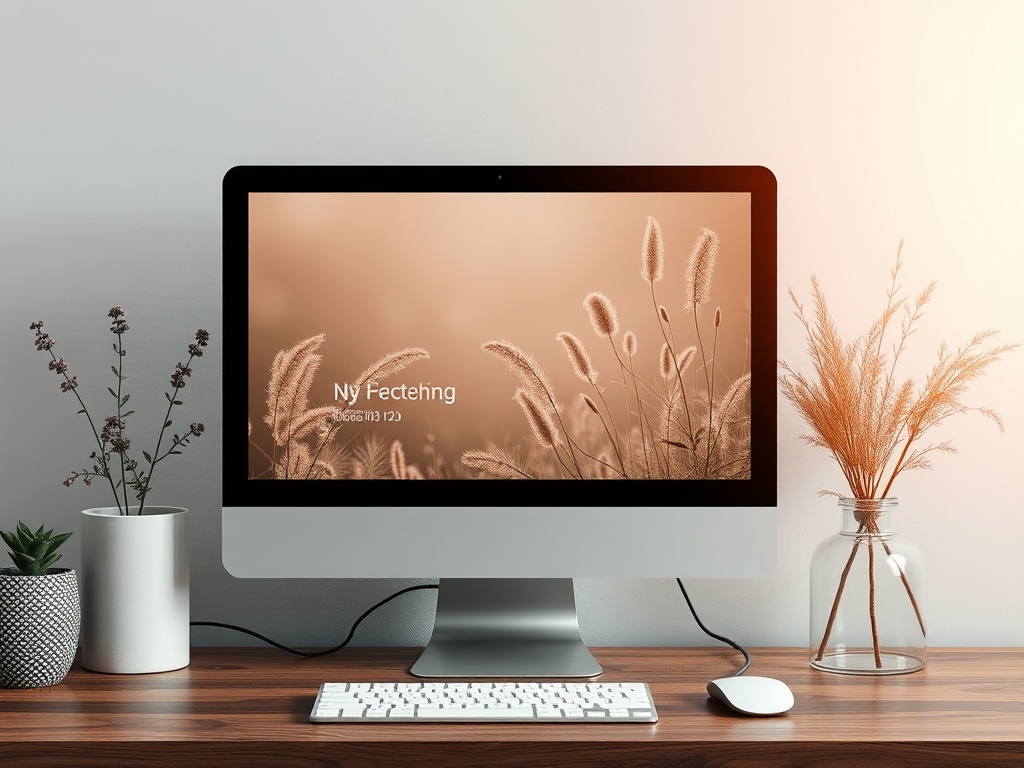 Изображение компьютера на столе с растениями и фоновой картинкой травы. Экран светлый и спокойный.