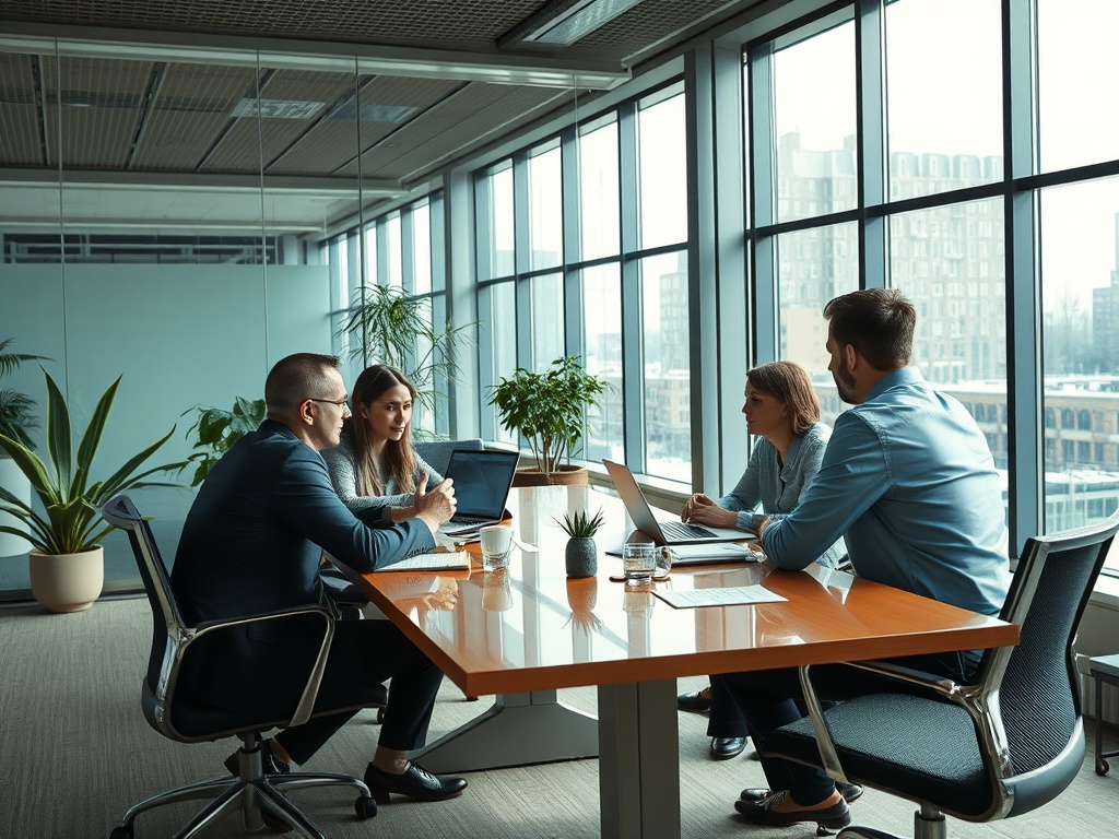 Четыре человека обсуждают идеи за столом в офисе, у большого окна с видом на город. Зеленые растения вокруг.