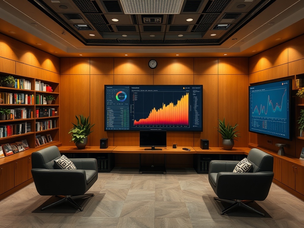 Современный офис с большими дисплеями, графиками и стильной мебелью. Светлое деревянное оформление.