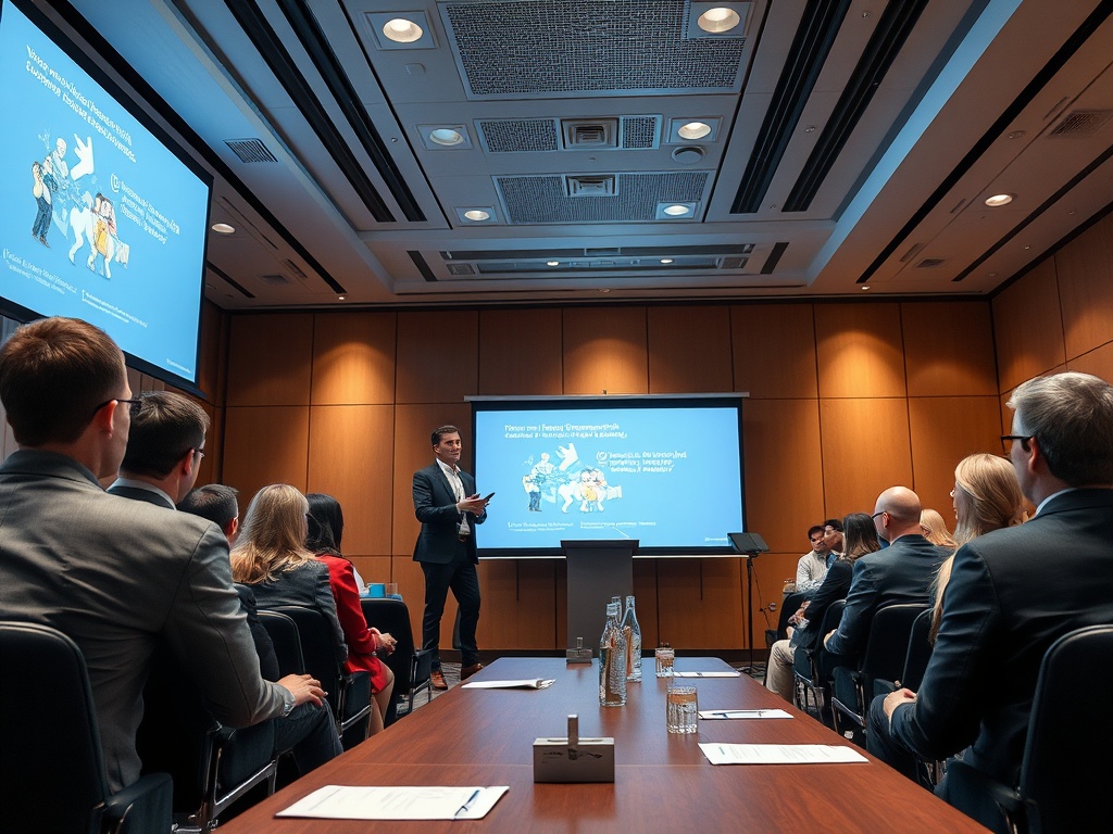 Семинар в офисе: спикер делится информацией, аудитория активно слушает презентацию на экране.