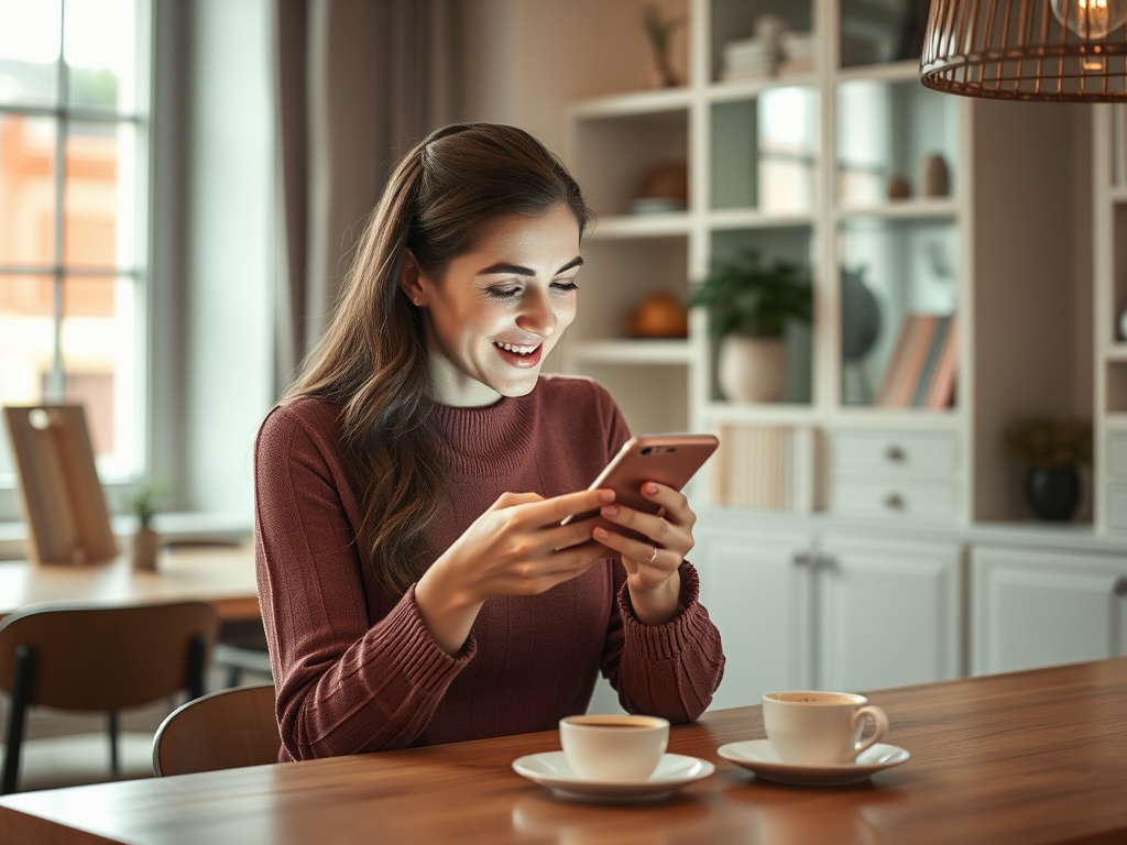 Молодая женщина улыбается, смотря на телефон, рядом с чашками кофе в уютном интерьере.