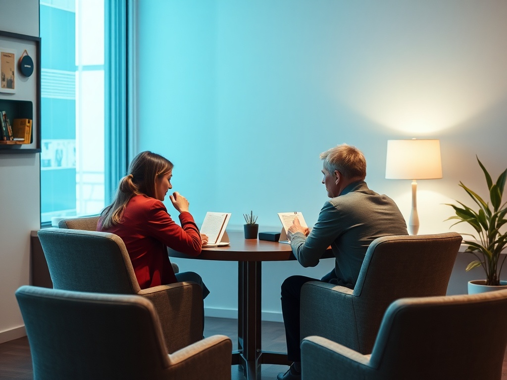 Два человека сидят за столом, читают документы в уютной комнате с лампой и растениями.