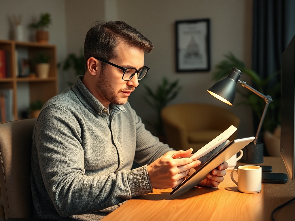 Молодой человек в очках читает книгу, сидя за столом при мягком освещении. На столе чашка и планшет.