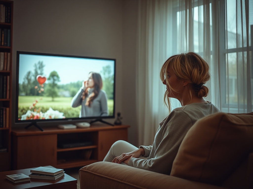 Женщина сидит на диване и смотрит телевизор, на экране — девушка с сердечком на фоне природы.