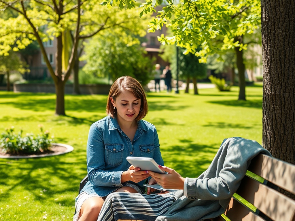 Две девушки сидят на скамейке в парке, одна смотрит на планшет, вокруг зелень и солнце.