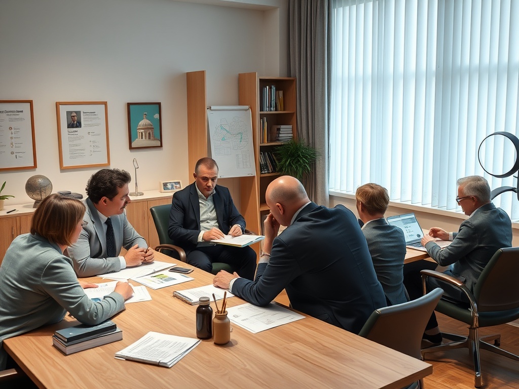 Группа бизнесменов проводит совещание в современном офисе, обсуждая планы и идеи.