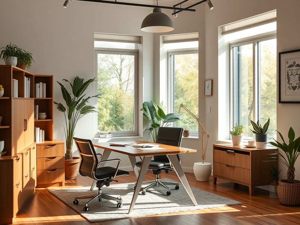 Светлый офис с деревянной мебелью, зелеными растениями и окнами, выходящими на природу.