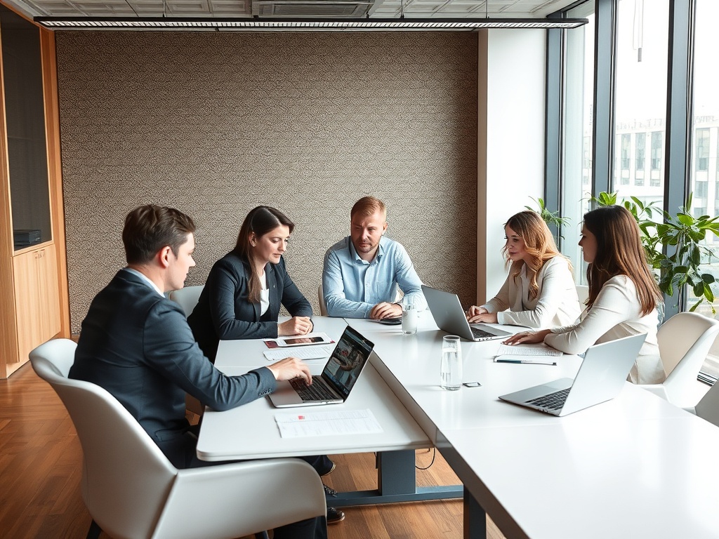 Встреча в офисе: пять человек обсуждают проекты за столом с ноутбуками и документами.