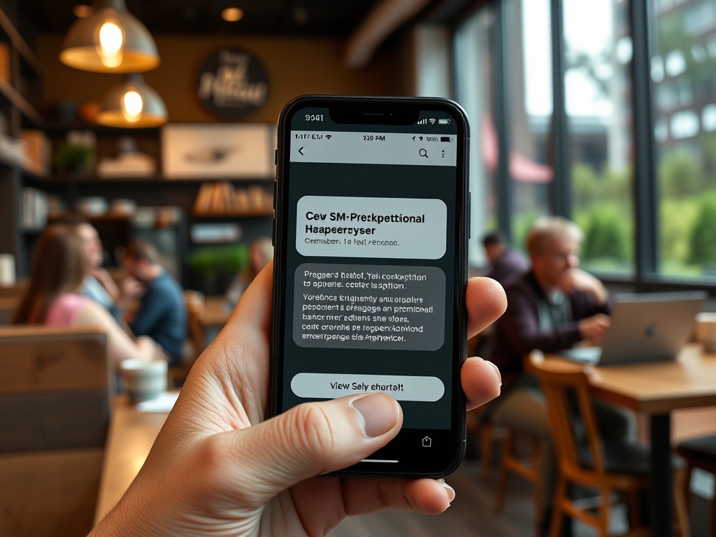 На изображении рука держит телефон с экраном приложения в кофейне. За окном видны люди.