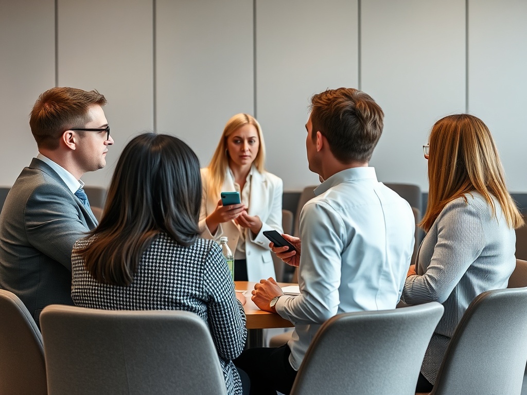 На встрече несколько молодых профессионалов обсуждают идеи, используя мобильные телефоны.