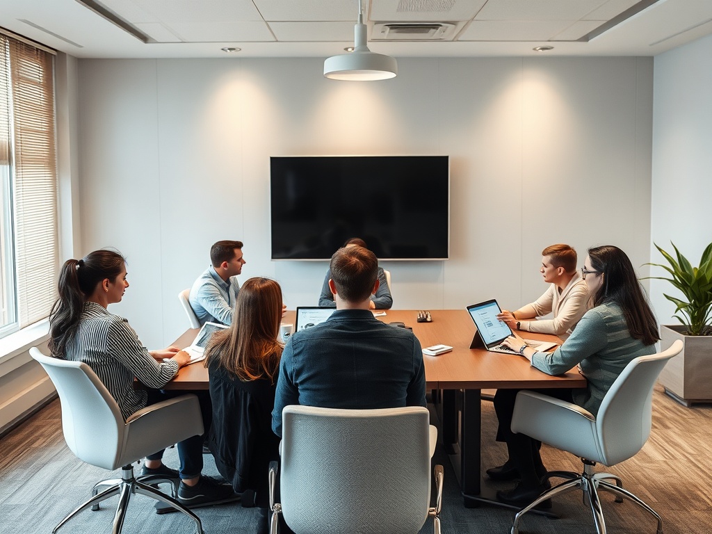 Группа людей обсуждает идеи на встрече в офисе, сидя за столом с ноутбуками и планшетами.