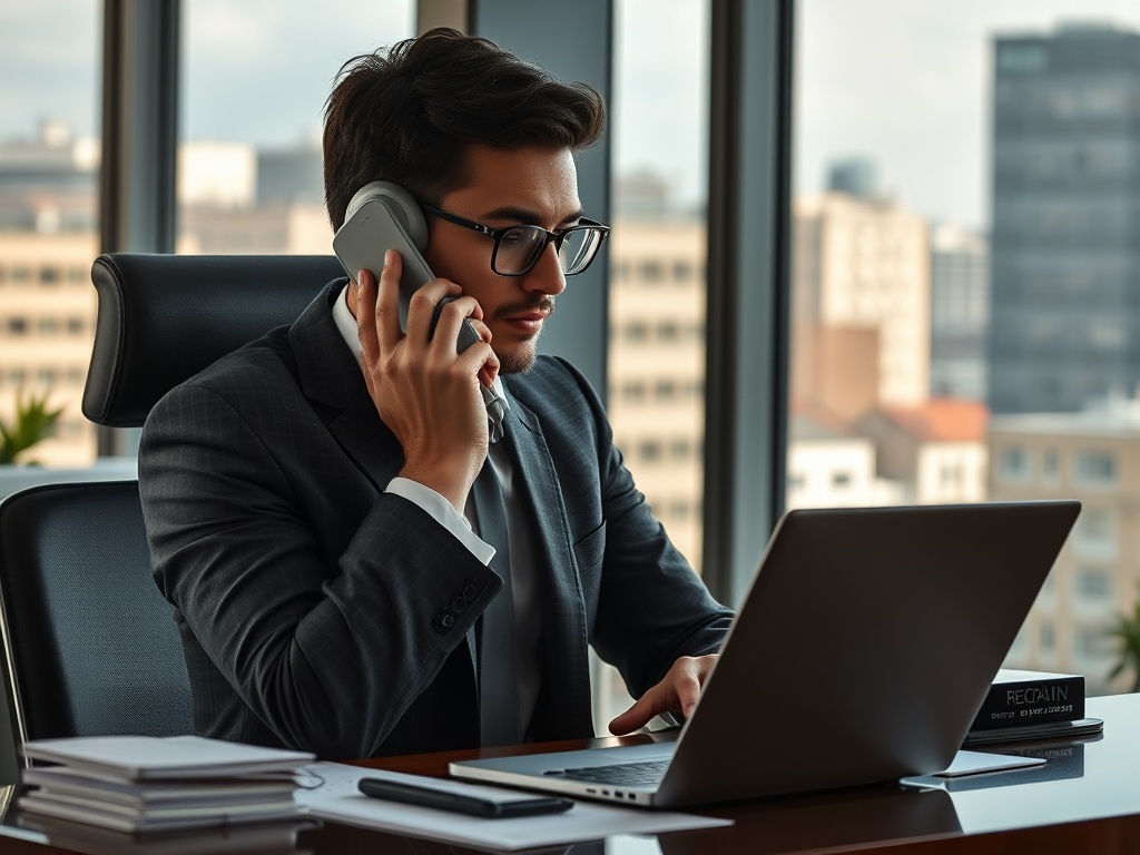 Молодой бизнесмен в деловом костюме разговаривает по телефону в офисе, работая за ноутбуком.