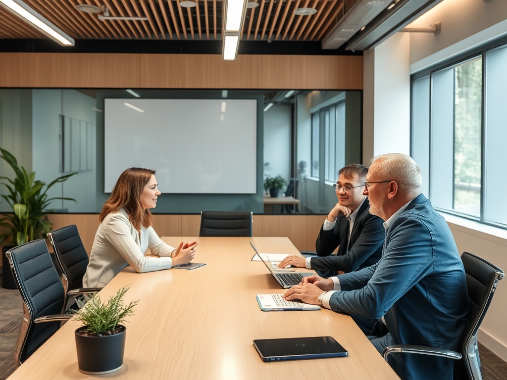Четыре человека в деловой встрече в конференц-зале с большим окном и светлыми стенами.