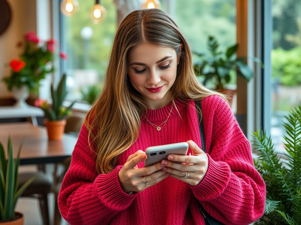 Молодая женщина в ярко-розовом свитере смотрит на телефон в уютном кафе с растениями и светильниками.