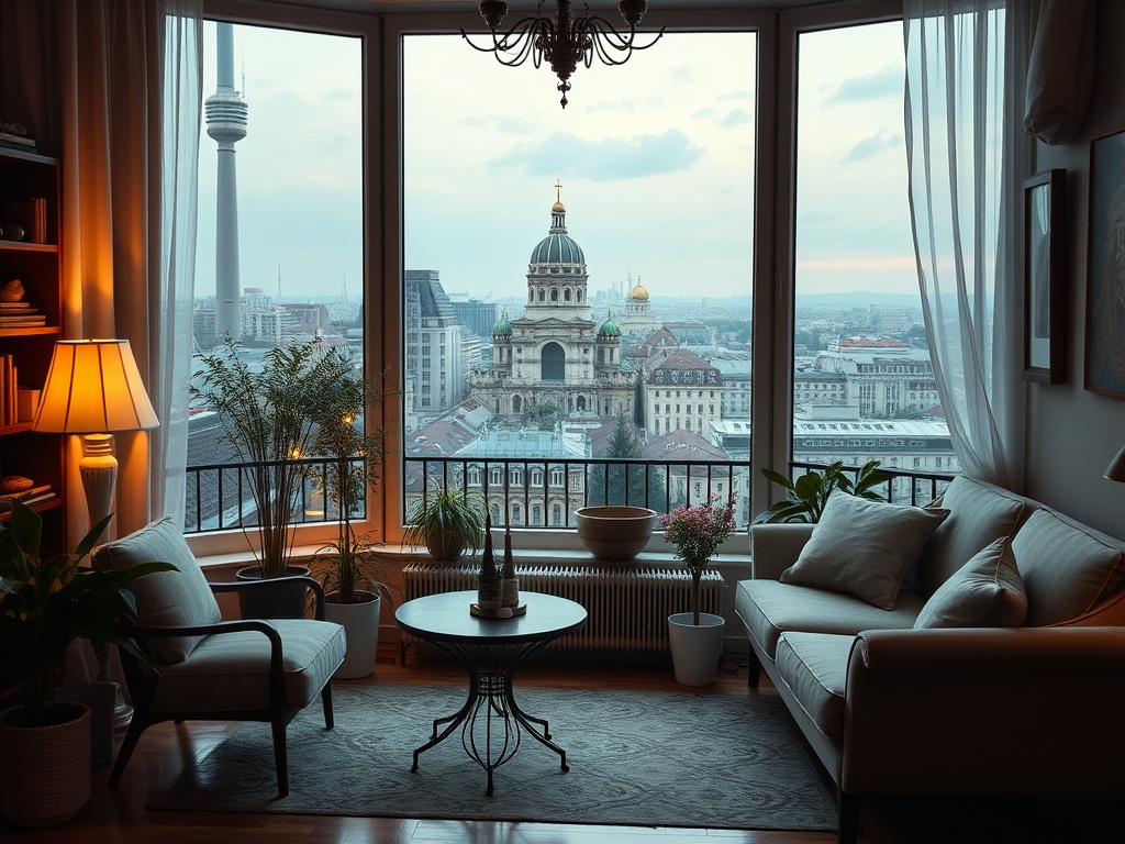 Приятная комната с огромным окном, откуда видны городские здания и башня, освещённая вечерним светом.