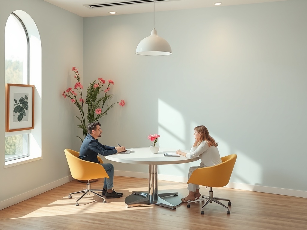 Два человека проводят встречу в современном офисе, сидя за круглым столом, окруженные зелеными растениями.