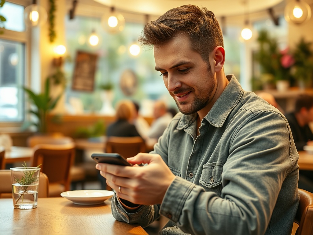 Молодой человек в кафе смотрит на телефон, улыбается, вокруг уютная обстановка и другие посетители.