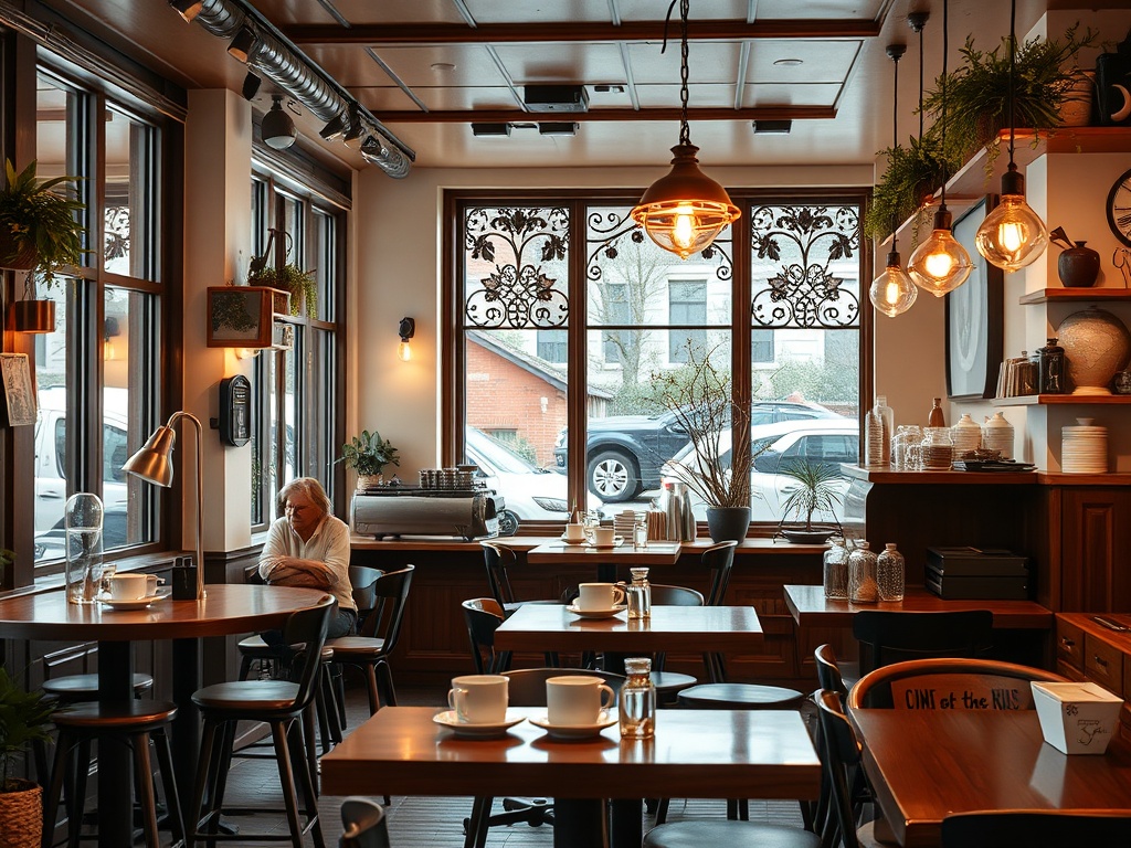 Уютное кафе с большими окнами, столами и уютной атмосферой. Посетитель сидит за столом и наслаждается моментом.