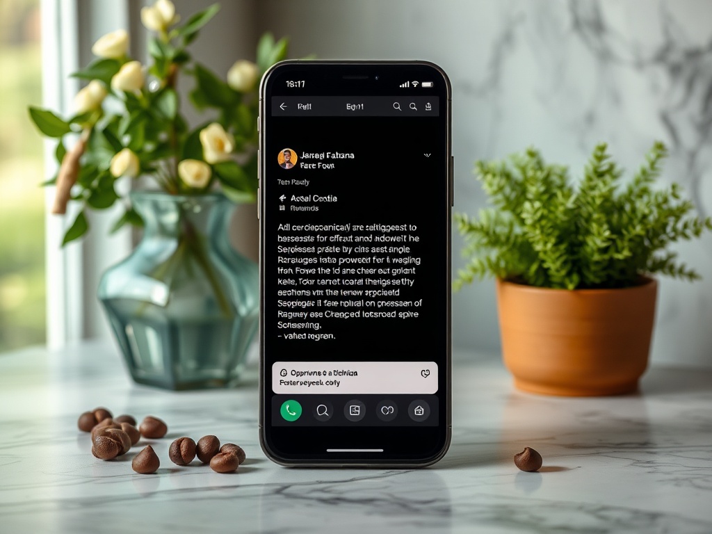 На изображении смартфон с открытым мессенджером и текстом сообщения, рядом кофейные зерна и растение.
