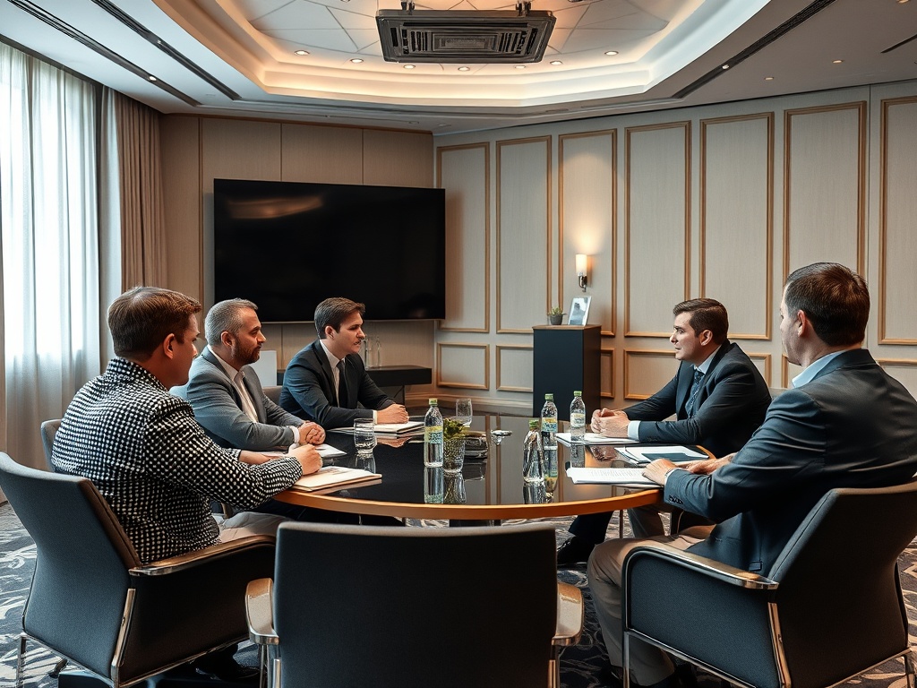 На совещании сидят пять мужчин, обсуждающих важные вопросы в современном офисном помещении.