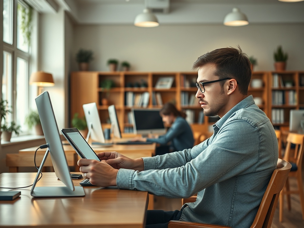 Молодой человек в очках работает на планшете в современной библиотеке с многофункциональными компьютерами.