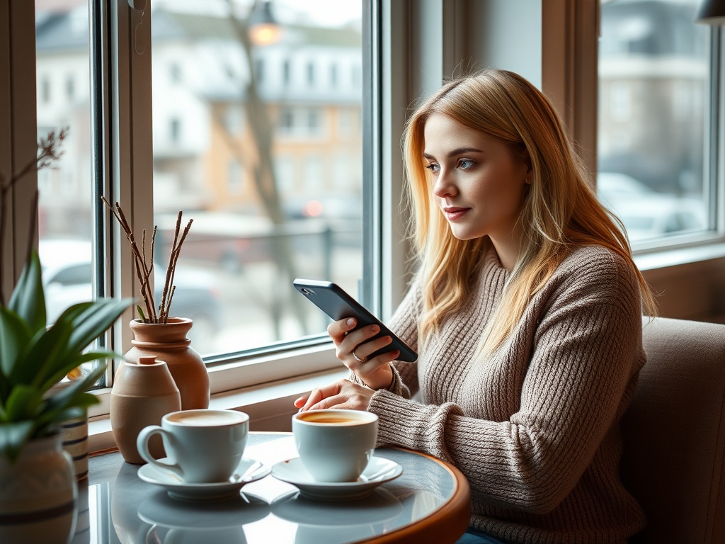 Молодая женщина сидит у окна с телефоном, рядом чашки кофе и зелёное растение. Атмосфера уютная и спокойная.