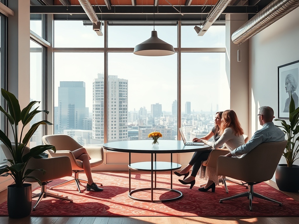 В современном офисе три человека обсуждают идеи с видом на город через большое окно.